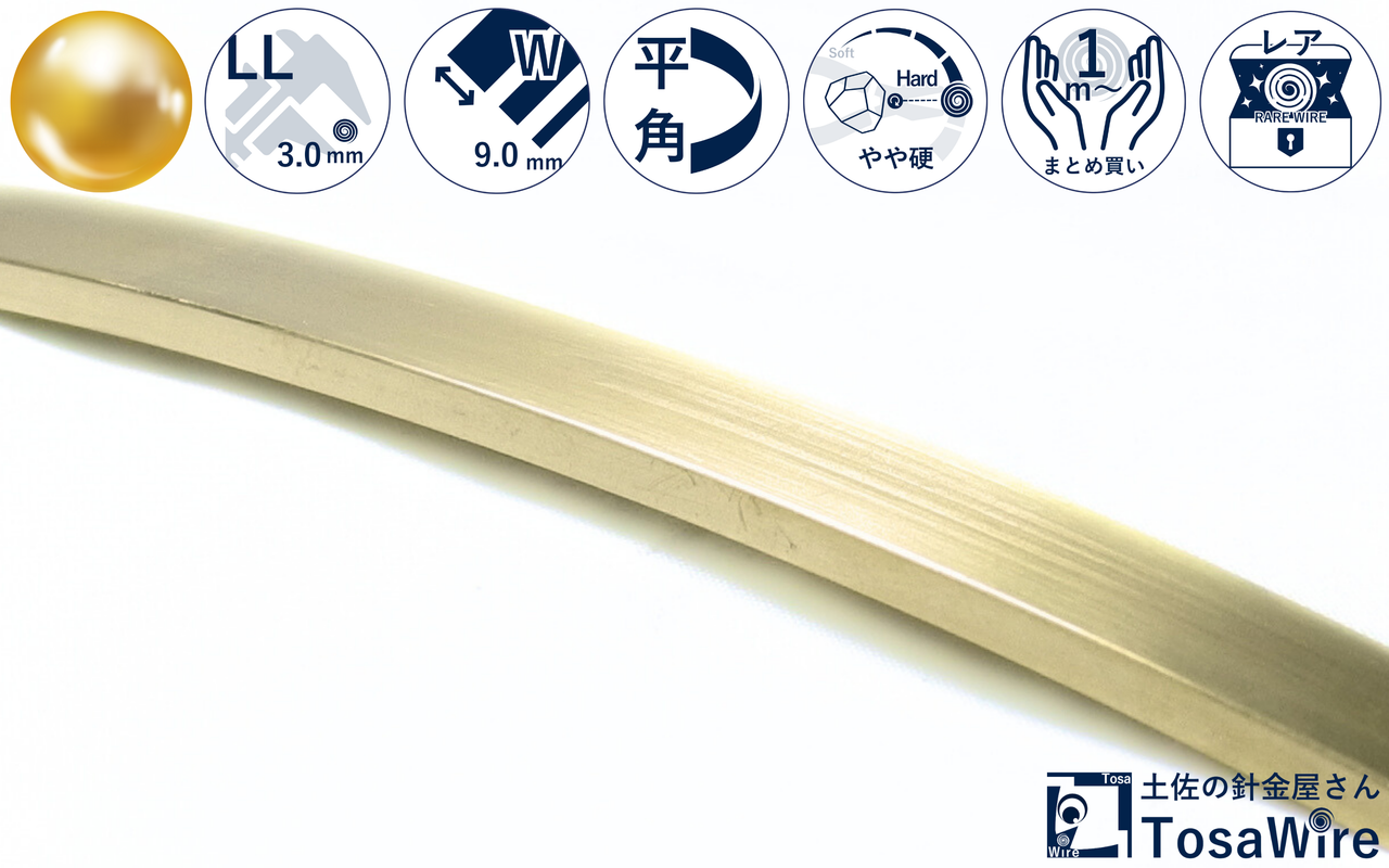 【1m～】真鍮 平角線  3.0mm 厚（幅9.0mm)×1m 単位 カット販売 磨き済  硬さ ハード 真鍮 角形 巻線 厚さ LL アクセサリー 彫金 ワイヤーアート 針金 材料